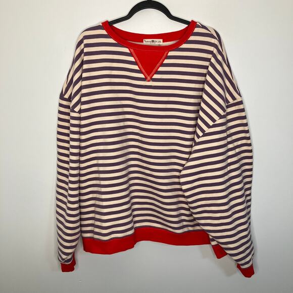 NWT NATURAL LIFE Oversized Striped Crewneck Purple Cream Red L/XL - Picture 1 of 4